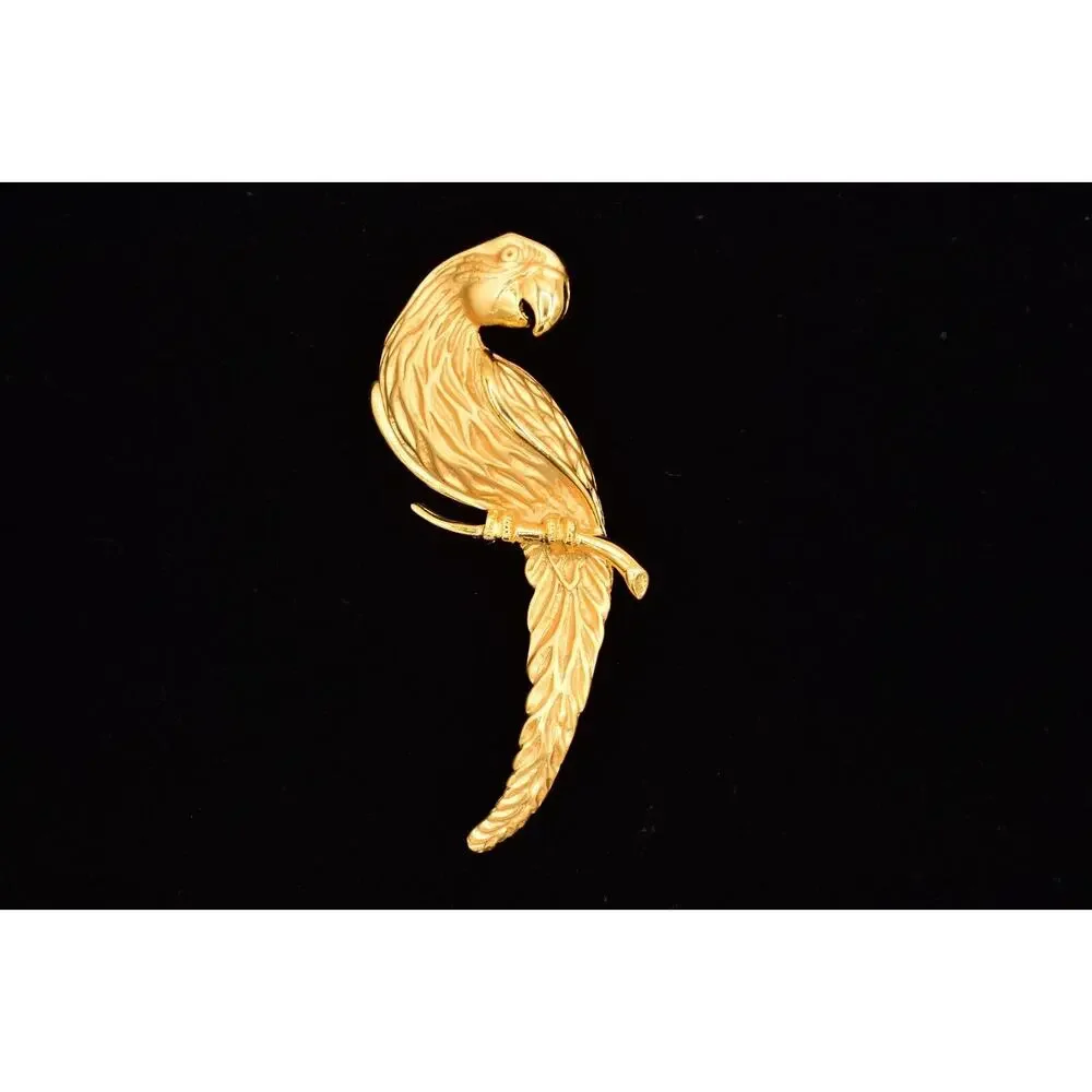 JJ Vintage Parrot Bird Pin Brooch Brushed Gold Chunky Signed NOS 1980s BinBK